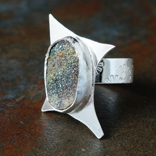 Handcrafted recycled sterling silver Star burst Spectropyrite ring