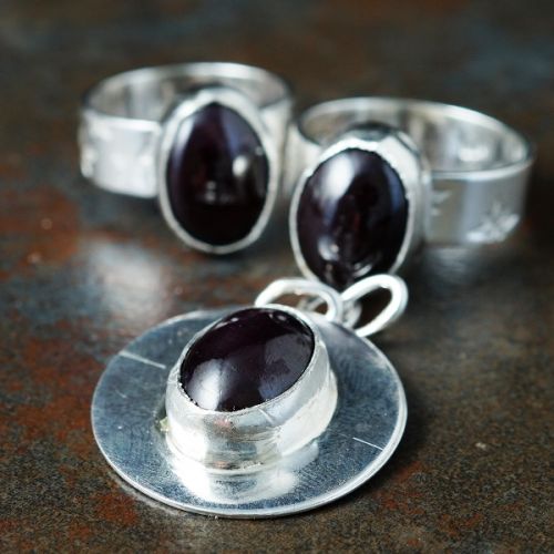 Handcrafted recycled sterling silver Star Garnet Rings and Pendant