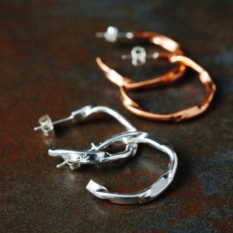 Handcrafted recycled sterling silver and copper flow hoops