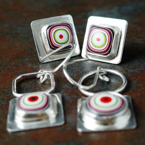 Handcrafted recycled sterling silver Fordite studs and asymmetric earrings