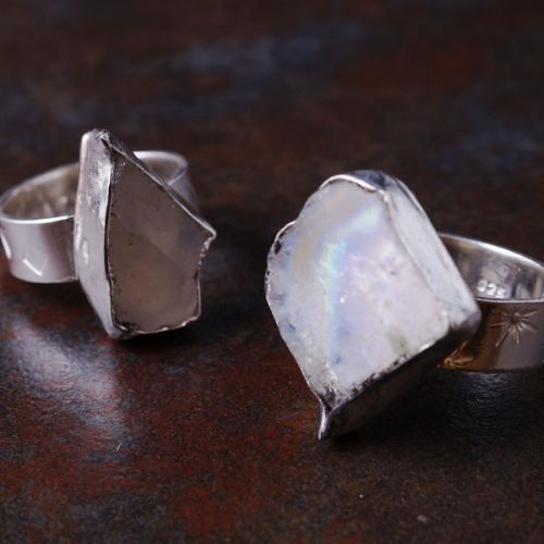 Handcrafted recycled sterling silver rainbow moonstone slice rings