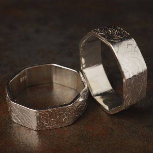 Handcrafted recycled textured sterling silver octagonal wedding rings