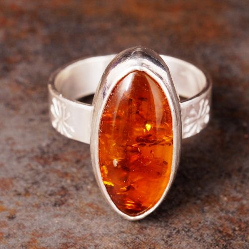 Commissioned Handcrafted stamped sterling silver Baltic oval amber ring