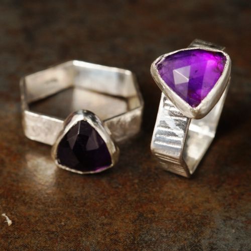 Handcrafted recycled sterling silver facetted amethyst hexagonal ring