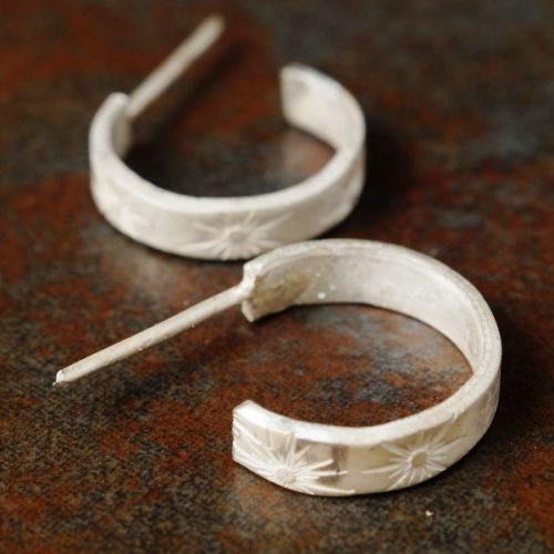 Handcrafted recycled sterling silver stamped huggies