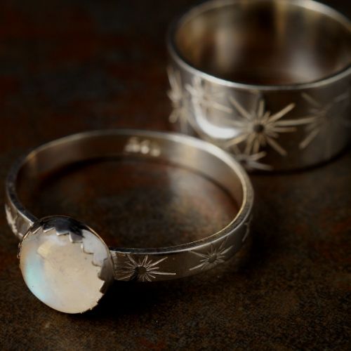 Handcrafted recycled stamped sterling silver Rainbow Moonstone Spinner ring