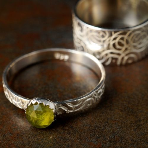 Handcrafted recycled stamped sterling silver Vesuvianite Spinner ring