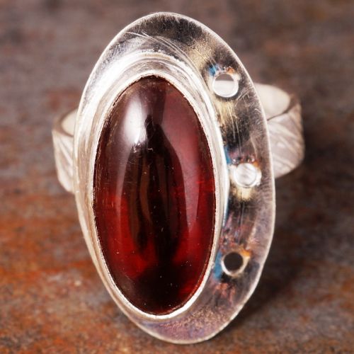 Handcrafted textured sterling silver oval Baltic Cherry Amber ring