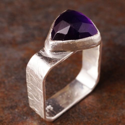 Handcrafted Square Sterling Silver facetted Amethyst ring