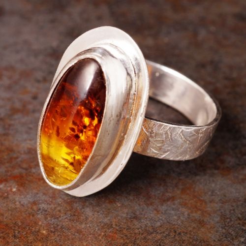 Handcrafted textured sterling silver Baltic Ombre oval amber ring