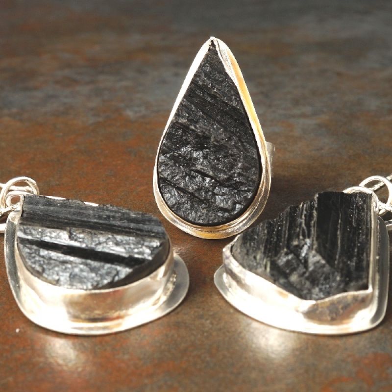 Handcrafted recycled sterling silver rough top black Tourmaline Ring and Pendants