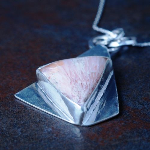 Handcrafted recycled sterling silver triangular Scolecite pendant