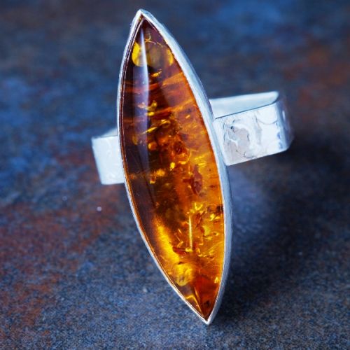 Handcrafted recycled sterling silver marquis amber hexagonal ring