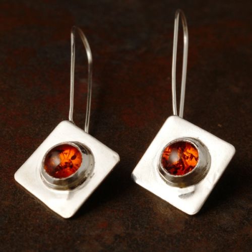 Handcrafted diamond recycled sterling silver baltic amber earrings