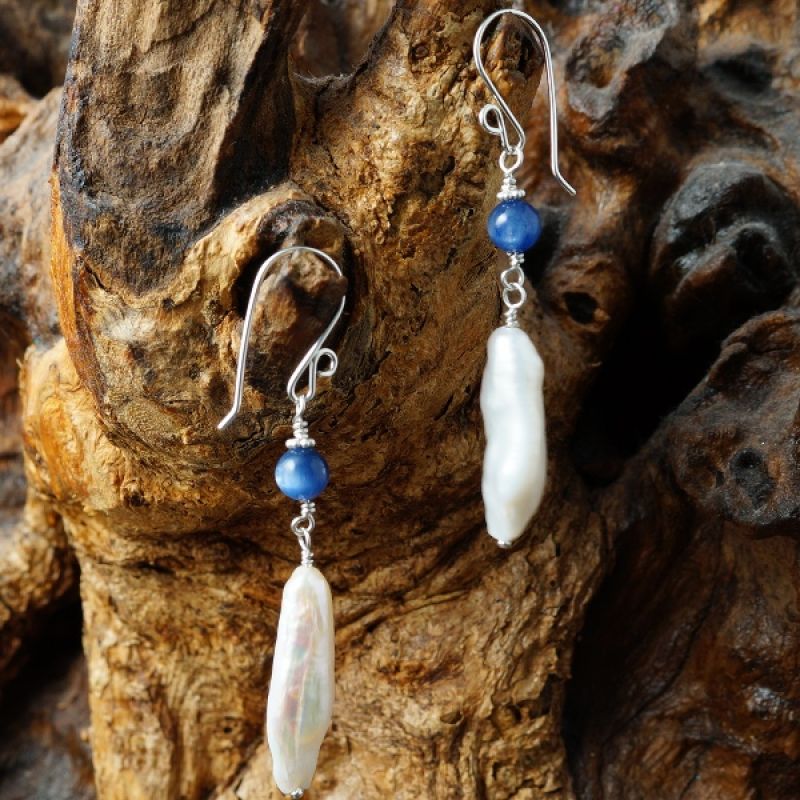 Contemporary handmade recycled sterling silver wire wrapped kyanite and ivory baroque freshwater pearl earrings