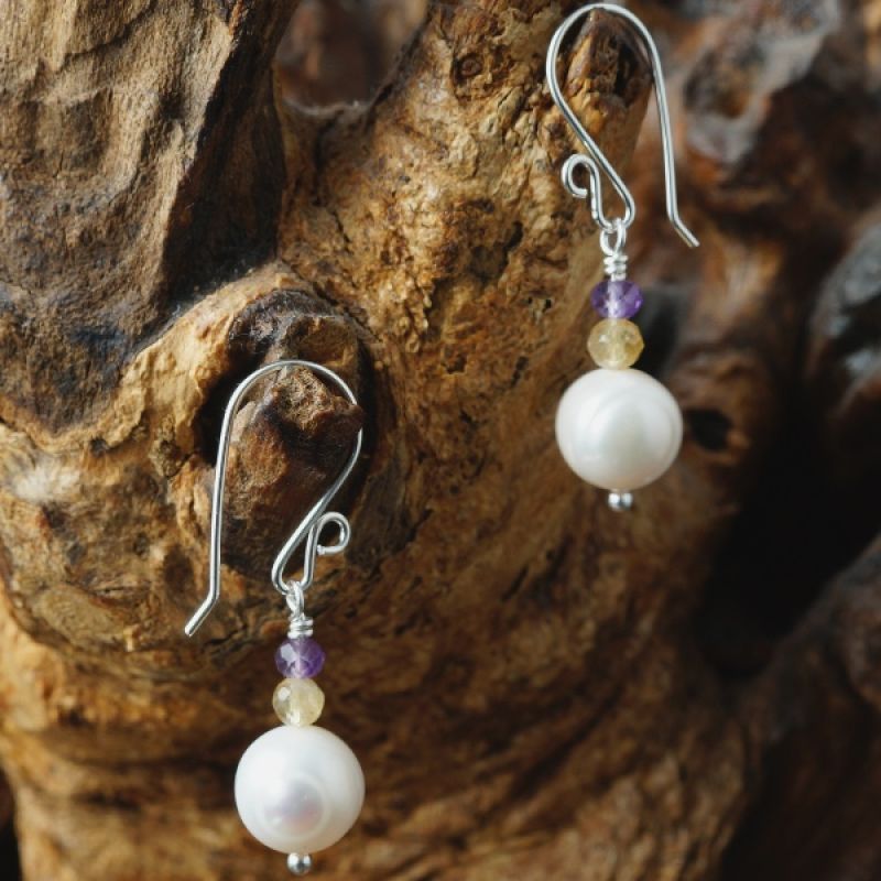 Handmade recycled sterling silver wire wrapped amethyst citrine and  ivory baroque freshwater pearl earrings