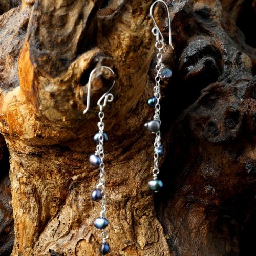 Handmade recycled sterling silver wire wrapped peacock baroque freshwater pearl waterfall earrings