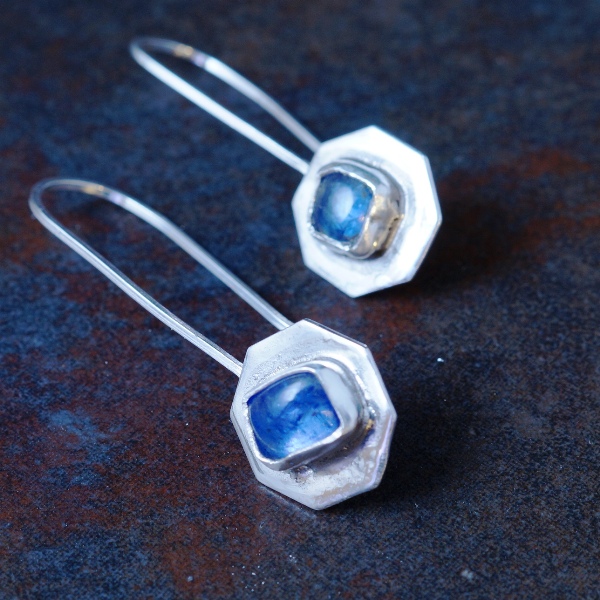 Handcrafted recycled hexagonal sterling silver tanzanite earrings