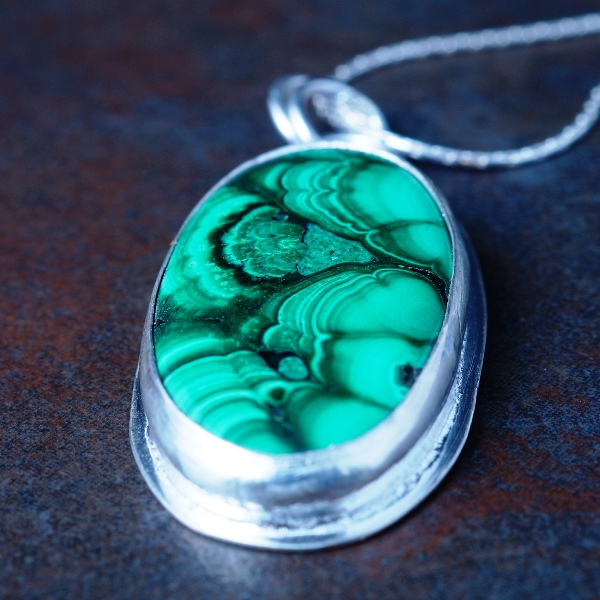 Handcrafted recycled sterling silver oval Malachite pendant