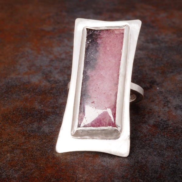 Handmade sterling silver bezel set rectangular rhodochrosite ring