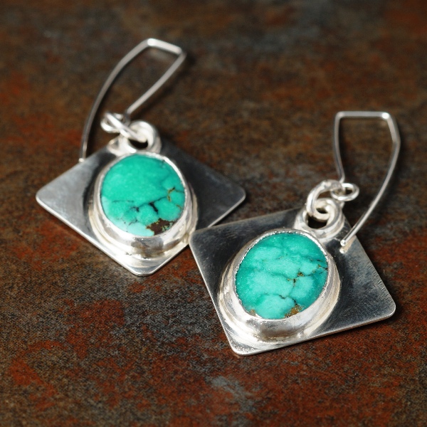 Handcrafted recycled bezel set sterling silver turquoise dangle earrings