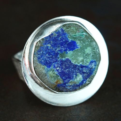 Handcrafted Round Druzy Azurite in Quartz Sterling Silver Bezel Set Hexagonal Ring 01