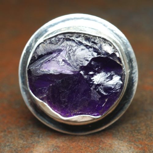 Handcrafted Round Amethyst Druzy Sterling Silver Bezel Set Stamped Hexagon Ring 01