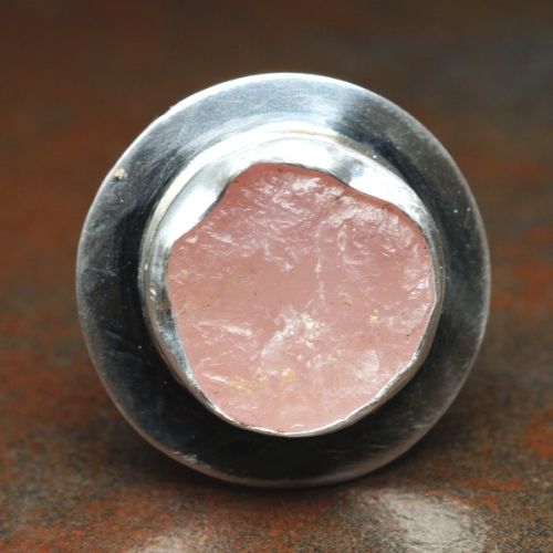 Handcrafted Round Rose Quartz Druzy Sterling Silver Bezel Set Stamped Hexagon Ring 01