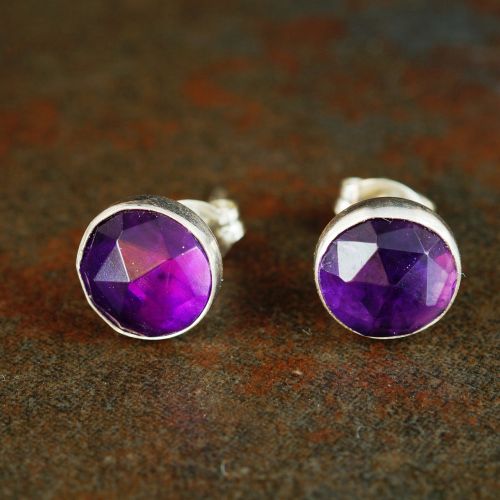 Handmade sterling silver faceted Amethyst studs - Medium