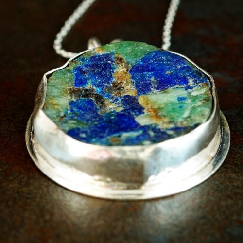 Handcrafted Round Druzy Azurite in Quartz Sterling Silver Pendant 01