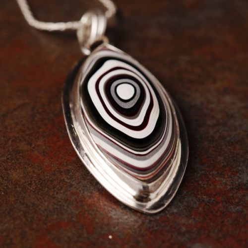 Handcrafted Marquis Fordite Sterling Silver Bezel Set Pendant 01