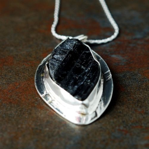 Handcrafted Marquis Rough Top Black Tourmaline  Sterling Silver Pendant 01