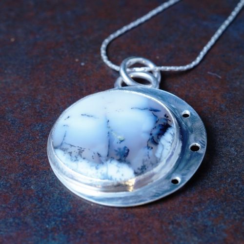 Handmade recycled sterling silver round Dendritic Opal pendant