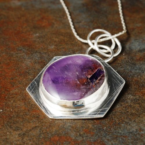 Handcrafted sterling silver bezel set tripache amethyst pendant