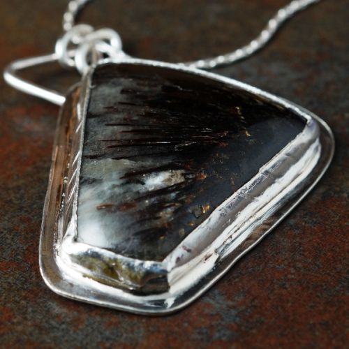 Handcrafted Trapezoid Astrophyllite Sterling Silver Bezel Set Pendant 01