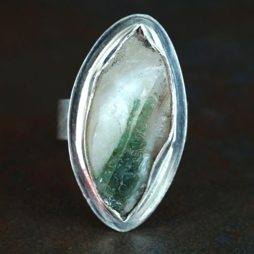 Handcrafted Marquis Druzy Green Tourmalated Quartz Sterling Silver Bezel Set Ring 01