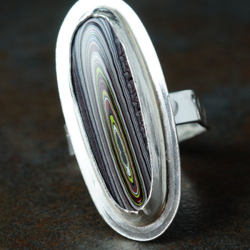 Handcrafted Oval Fordite Sterling Silver Bezel Set Ring 04