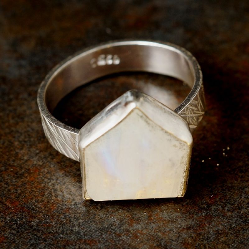 Handcrafted recycled sterling silver geometric rainbow moonstone ring