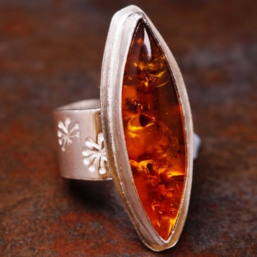 Handmade Marquise Baltic Amber sterling silver bezel set Ring