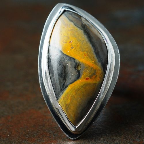 Handcrafted Marquis Bumble Bee Jasper Sterling Silver Bezel Set Stamped Ring 01