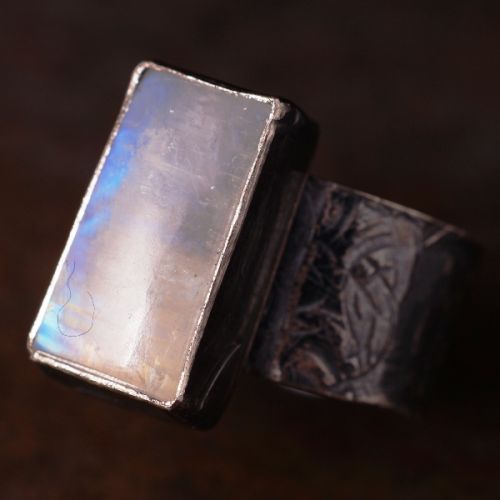 Handmade oxidised rectangular rainbow moonstone textured sterling silver bezel set ring