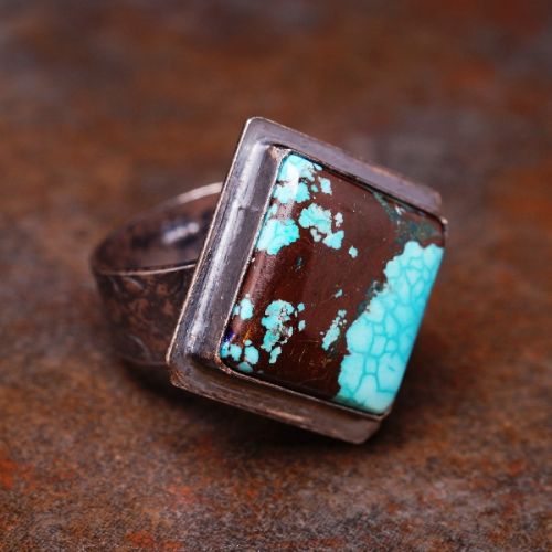 Handmade Oxidised Square Turquoise sterling silver Bezel Set Ring