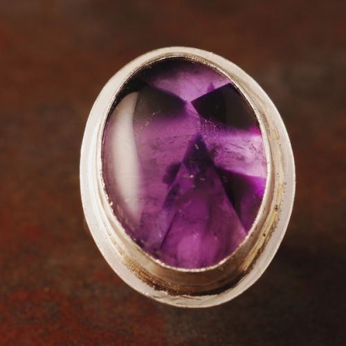 Handcrafted sterling silver oval Tripache Amethyst bezel set stamped ring 02