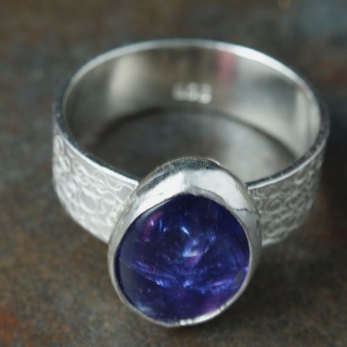 Handcrafted sterling silver oval Tanzanite   bezel set stamped ring 01