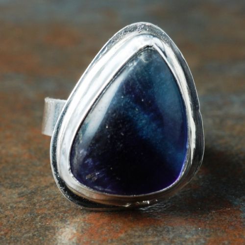 Handcrafted sterling silver pebble Banded Fluorite bezel set stamped ring 01