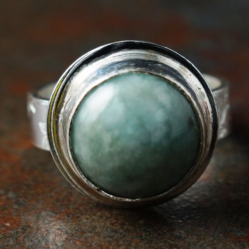 Handcrafted Sterling Silver Round Jade stamped Ring 03