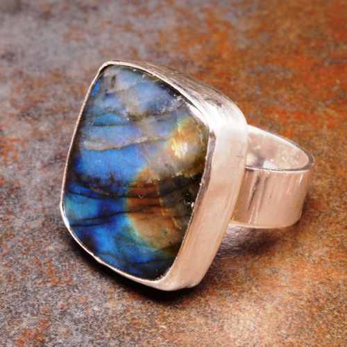 Handmade sterling silver bezel set square labradorite ring