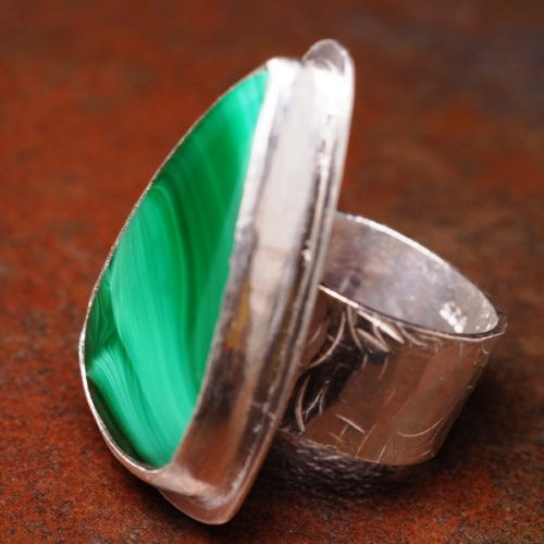 Handmade Teardrop Malachite sterling silver bezel set ring