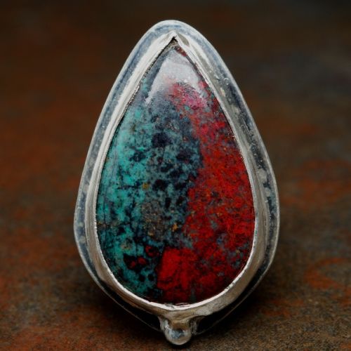 Handcrafted Teardrop Sonora Sunrise Sterling Silver Bezel Set Stamped Ring 01