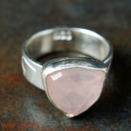 Handcrafted sterling silver Trillion Rose Quartz stamped ring 02